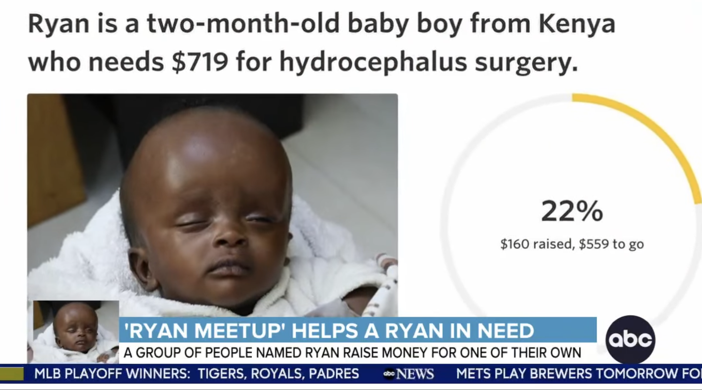 A snapshot from an ABC News segment featuring a community fundraising for young Ryan on Watsi.