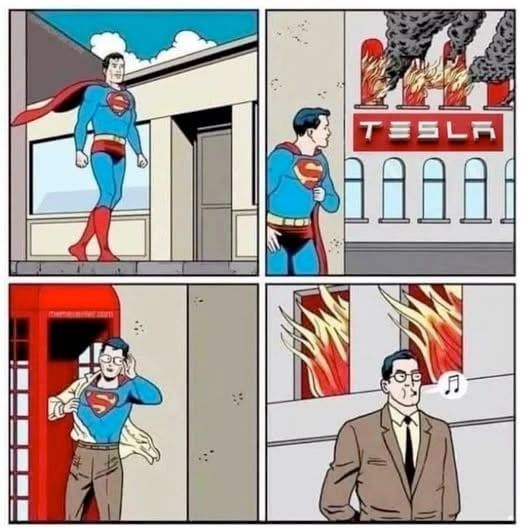 4 panels: 1 Superman walking. 2 Sees Tesla bldg on fire. 3 changes into Clark Kent 4 walks by burning Tesla bldg whistling