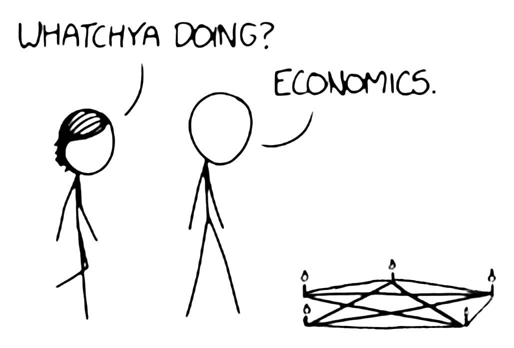 an XKCD panel. one person asks another person standing in front of a pentagram on the floor, lit candles in each corner, "Whatcha doing?" Reply: "Economics"