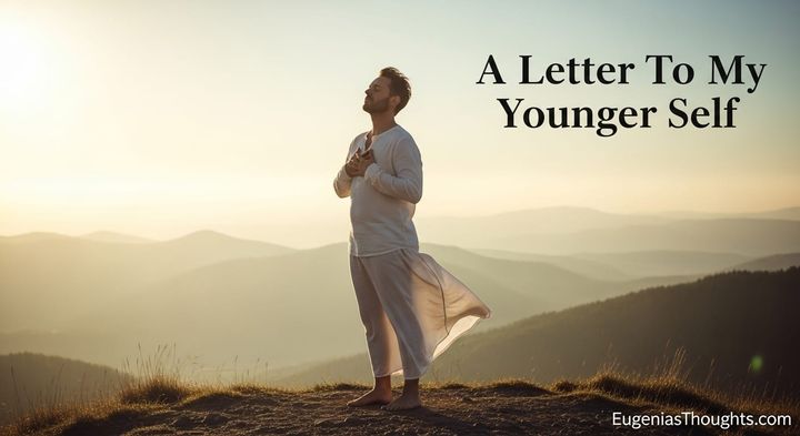 A man standing barefoot on a mountain at sunrise with hands over heart, symbolizing peace, vulnerability, and spiritual connection to self and nature.