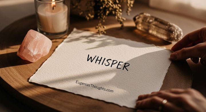 A handwritten note labeled "WHISPER" rests on textured paper surrounded by rose quartz, a candle, and crystals in warm, natural light.
