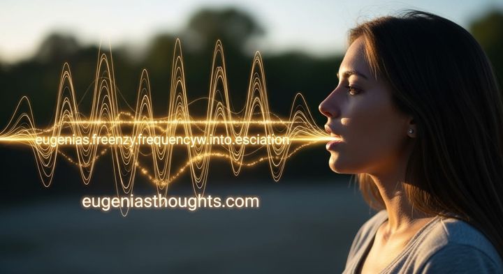 A woman speaks as golden sound waves radiate from her voice, symbolizing the energy of words and vocal frequency. "eugeniasthoughts.com" appears embedded in the sound waves.