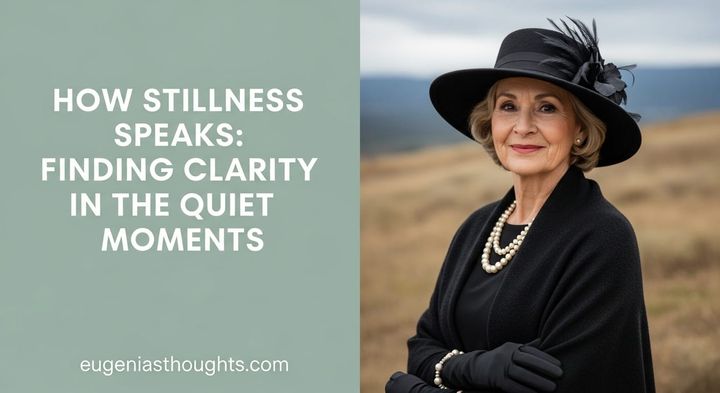 Older woman in black hat and pearls standing outdoors beside soft green background with text “How Stillness Speaks,” feature image for EugeniasThoughts blog on quiet clarity.