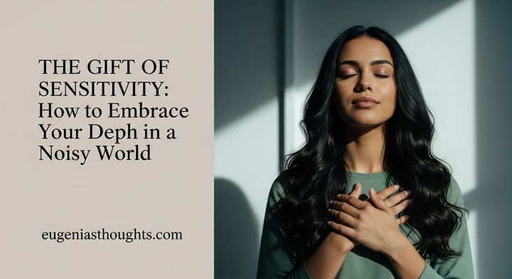 A serene woman with eyes closed, hands over heart, standing in soft light, embodying calm, reflection, and the quiet strength of sensitivity.