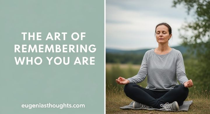 Woman meditating outdoors on grass beside soft green background with text “The Art of Remembering Who You Are,” feature image for EugeniasThoughts blog on self-connection.