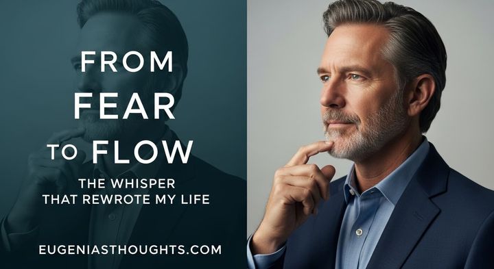 A thoughtful man in a suit looks reflective. Text reads: From Fear to Flow - The Whisper That Rewrote My Life. A visual for personal growth and transformation.