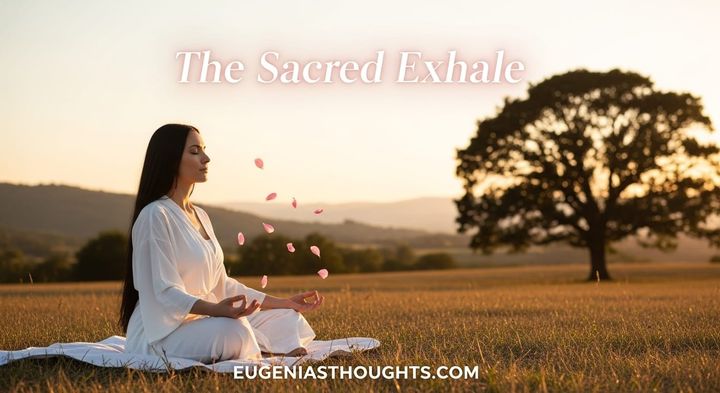 Woman exhaling petals at sunrise, symbolizing release, presence, and the Sacred Exhale practice. EugeniasThoughts.com