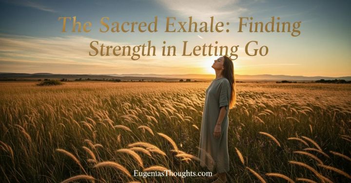 A serene woman stands barefoot in a golden field at sunset, eyes closed in a sacred exhale, symbolizing release, surrender, and strength in letting go.