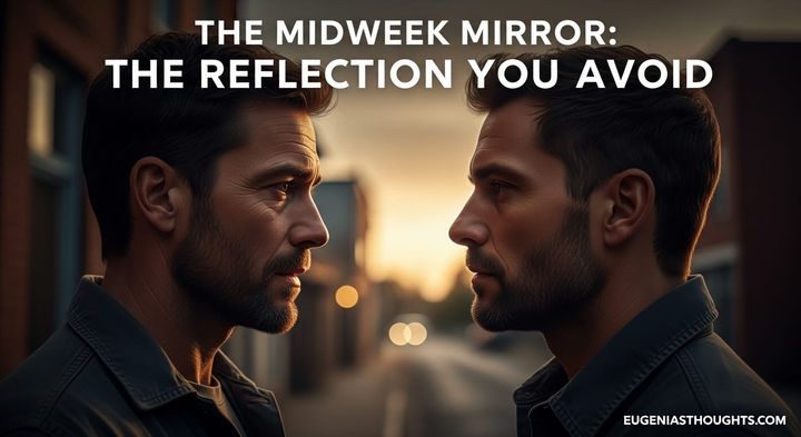 Two men face each other at sunset, symbolizing self-reflection, struggle, and the journey toward healing, with the text “The Midweek Mirror: The Reflection You Avoid.”