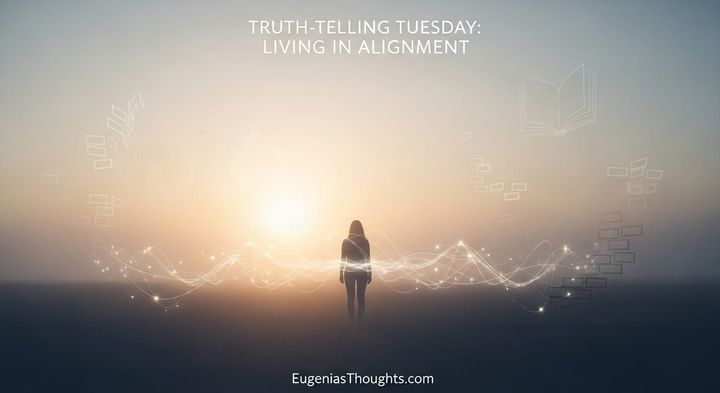 A lone figure stands before the sunrise, surrounded by glowing energy waves and floating books, symbolizing alignment, truth, and the power of conscious creation.