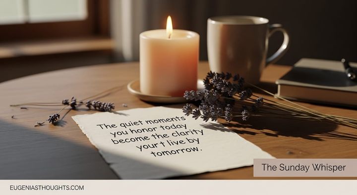 A close-up of a table with a lit candle, a warm mug, and a book. A note with a handwritten quote reads: "The quiet moments you honor today become the clarity you live by tomorrow."