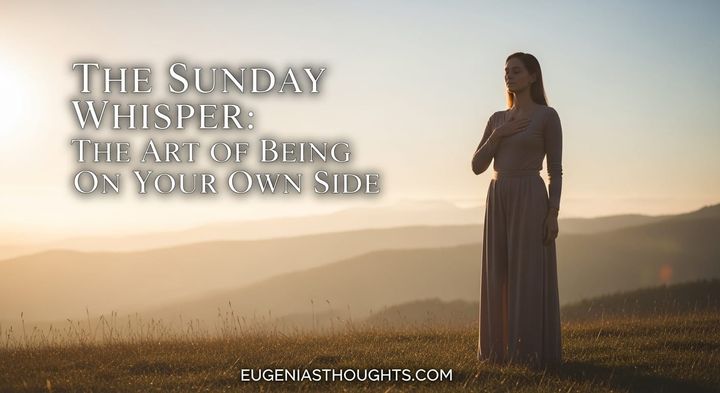 Woman standing in a serene field at sunrise with hand over heart. Text reads: The Sunday Whisper: The Art of Being On Your Own Side. EugeniasThoughts.com