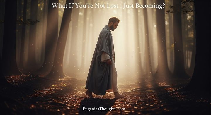 A man walks barefoot through a sunlit forest, surrounded by mist and golden light. Text reads: “What If You’re Not Lost - Just Becoming?” with EugeniasThoughts.com below.