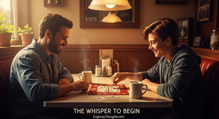 Father and teenage son smiling while playing Kings on the Corner at a diner table, steaming coffee mugs in front of them, warm lighting creating a cozy atmosphere.