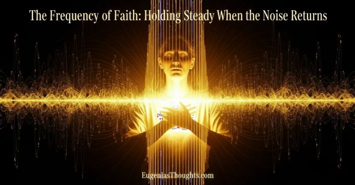 A serene figure stands with hands over heart, glowing with golden waves of energy, symbolizing faith as resonance that steadies the soul against life’s noise.