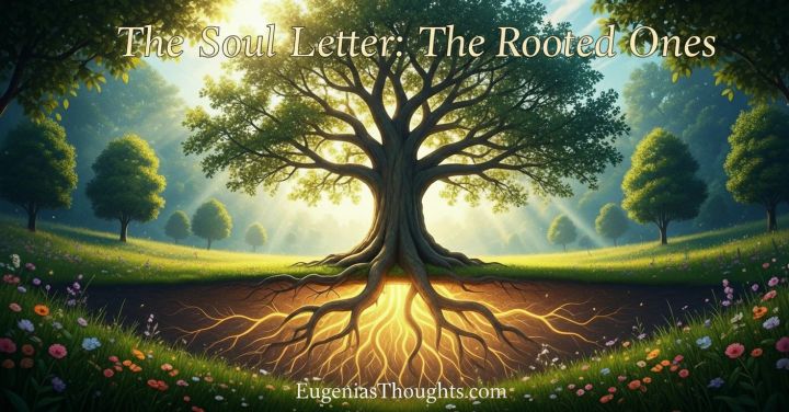 A golden tree with radiant roots glowing unseen underground, symbolizing faith, alignment, and The Rooted Ones community as a family anchored in love.