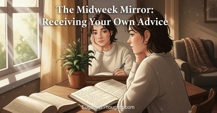 A peaceful person reflects beside a mirror in soft morning light, journaling with an open Bible and mug nearby - capturing wisdom, self-compassion, and gentle faith.
