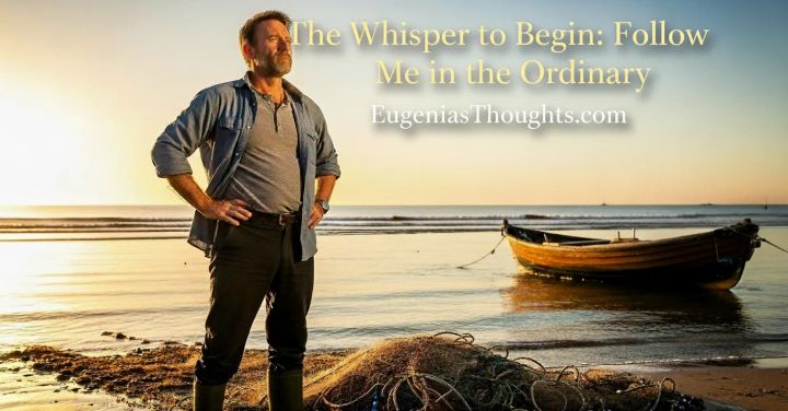 Man standing by fishing nets and boat at sunrise with text "The Whisper to Begin: Follow Me in the Ordinary - EugeniasThoughts.com"