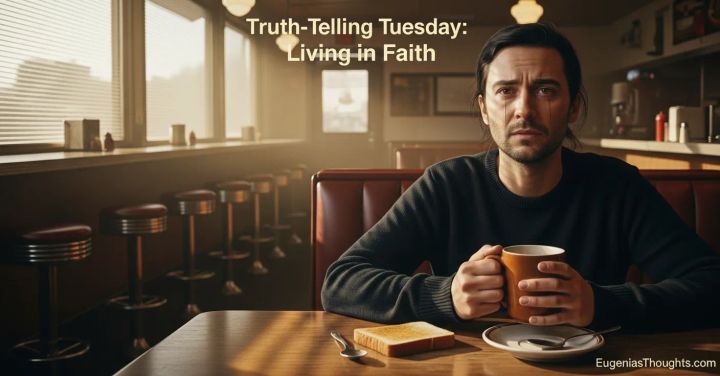Man sitting in a diner holding a coffee, reflecting on truth and faith - visual for Truth-Telling Tuesday blog by EugeniasThoughts.