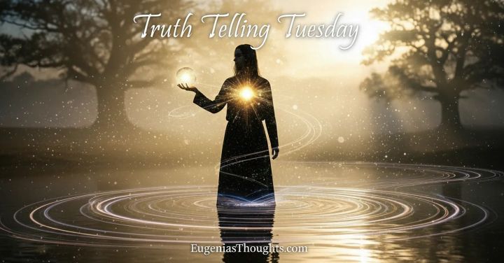 A silhouetted figure holding light in a glowing forest clearing, radiating courage and alignment, with text “Truth Telling Tuesday” and EugeniasThoughts.com.