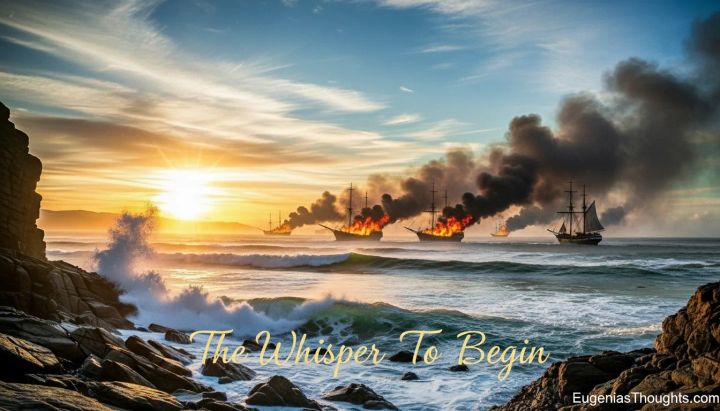 Burning ships at sea under a sunrise, symbolizing new beginnings with the text “The Whisper To Begin” and EugeniasThoughts.com, inspired by faith and courage.