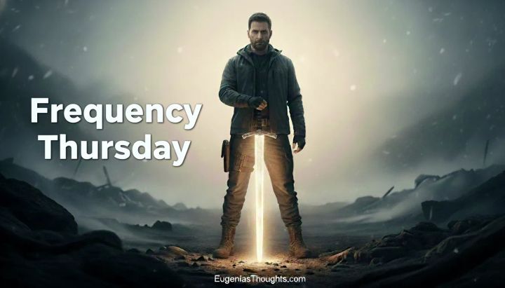 A man stands in a misty landscape, holding a glowing sword. “Frequency Thursday” and “EugeniasThoughts.com” appear, symbolizing spiritual readiness and surrender.