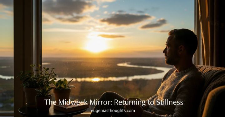 Person sitting alone by a pond at sunset, journal and Bible nearby, symbolizing stillness, solitude, and spiritual reflection in God’s presence.