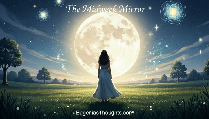 Woman in a dress stands in a moonlit field, gazing at a glowing full moon under a starry sky, reflecting the theme of self-compassion for EugeniasThoughts Midweek Mirror.