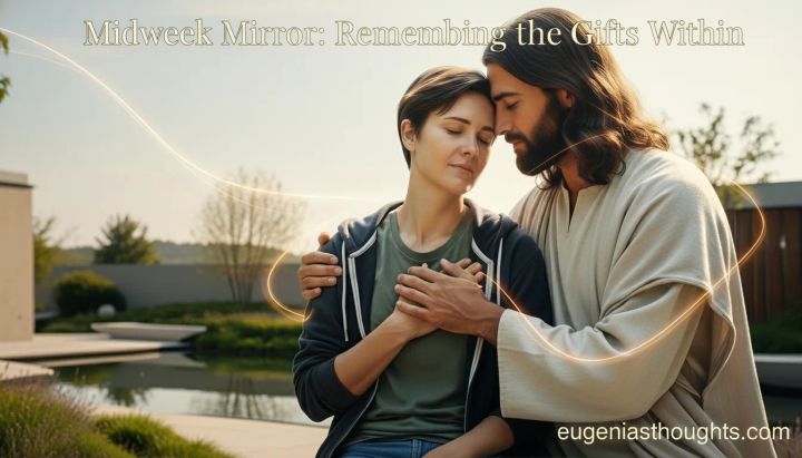 Jesus gently hugs a person sitting outside with hand over heart, radiating warmth and comfort in a modern outdoor scene; evokes spiritual gifts and calling.