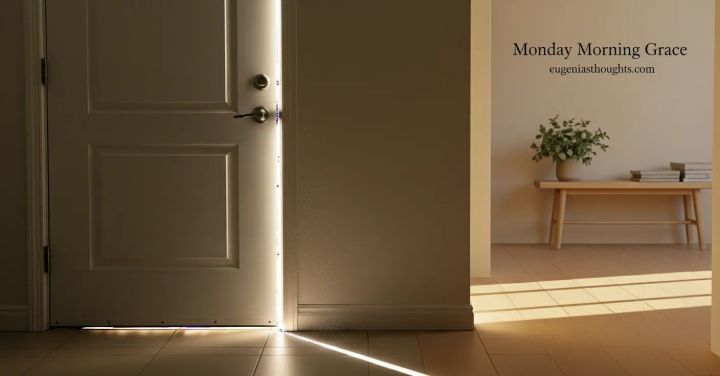A white interior door stands slightly ajar with warm morning light spilling across the floor - quiet, peaceful symbolism of grace, presence, and new beginnings.