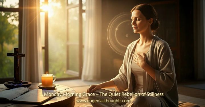 Woman sitting in morning light with hand over heart beside a candle and cross, symbolizing faith, stillness, and the quiet remembrance of divine presence.