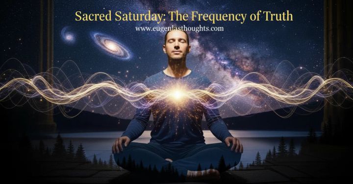 A person meditating beneath a cosmic sky, glowing with radiant energy waves, symbolizing alignment, transmutation, and the sacred truth that frequency is freedom.