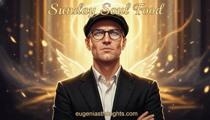 Confident person with angelic wings and radiant halo on a golden background, titled “Sunday Soul Food” - celebrating faith, self-worth, and spiritual inspiration for eugeniasthoughts.com.