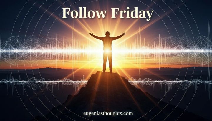 Silhouetted figure on mountaintop at sunrise with arms raised, surrounded by glowing frequency waves, symbolizing bold faith and spiritual courage for Follow Friday.
