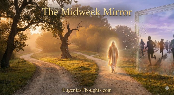 Person walking peaceful golden path while cracked mirror shows others rushing - freedom from comparison Midweek Mirror reflection EugeniasThoughts