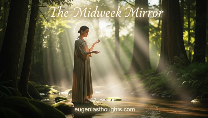 Woman in quiet contemplation stands in a sunlit forest, soft rays surrounding her, symbolizing surrender, reflection, and spiritual alignment for The Midweek Mirror on eugeniasthoughts.com