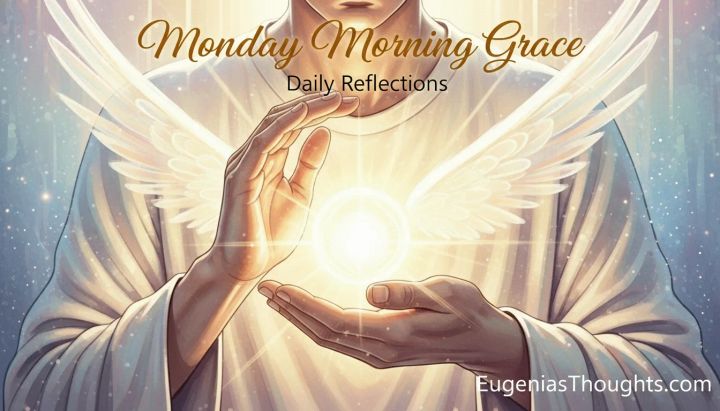Person cradling divine light with angel wings, symbolizing faith protection and guarding dreams - Monday Morning Grace devotional image for EugeniasThoughts.com