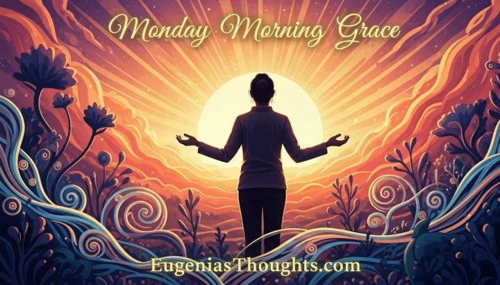 Woman in sunrise with open arms symbolizing grace and spiritual becoming, vibrant rays of light, Monday Morning Grace devotional image for EugeniasThoughts.com