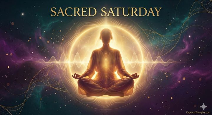 Figure in peaceful meditation surrounded by golden light aura and frequency waves against cosmic teal and purple background - Sacred Saturday rest reflection by EugeniasThoughts.com