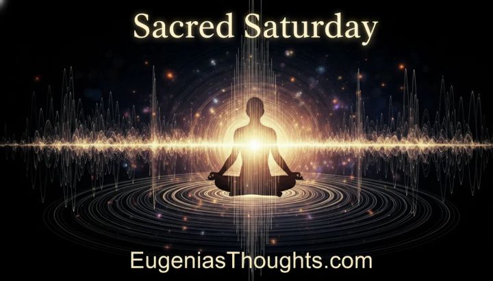Silhouette in meditation with golden frequency waves and sound vibrations radiating light, symbolizing Sacred Saturday spiritual stillness and divine alignment