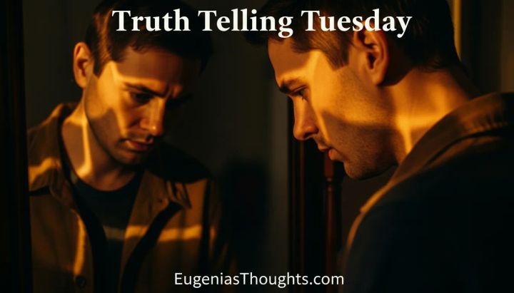 Man facing his reflection in mirror with warm golden lighting, symbolizing honest self-reflection and truth-telling for Truth Telling Tuesday blog at EugeniasThoughts.com