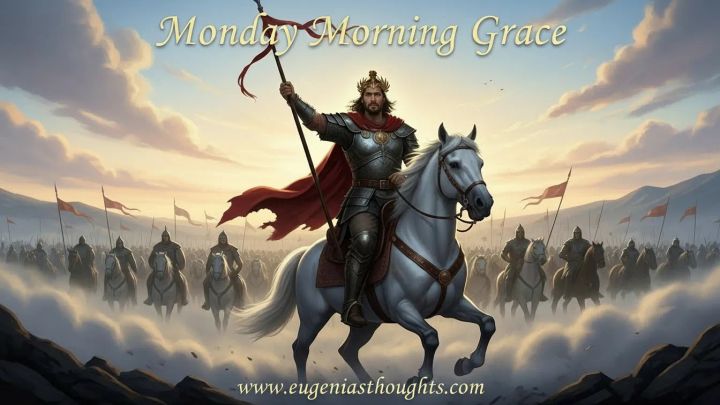 Warrior king in armor on a white horse leading riders through mist at sunrise, with “Monday Morning Grace” title and www.eugeniasthoughts.com text, symbolizing healing after betrayal.