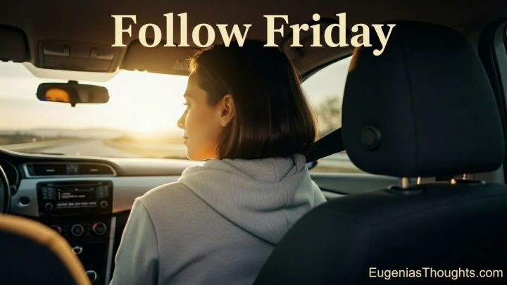 Woman sits in the passenger seat of a car at sunrise with “Follow Friday” text, symbolizing trusting Jesus to drive while she releases control and peacefully follows His lead.