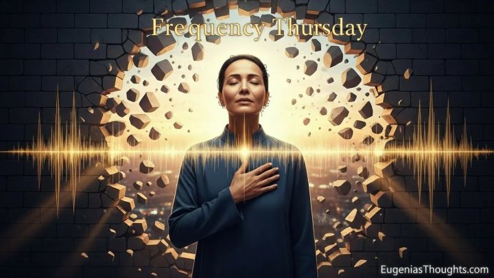 Person with hand over heart stands before a broken wall as golden sound waves radiate across the image under the words “Frequency Thursday,” symbolizing God’s voice shattering inner walls.