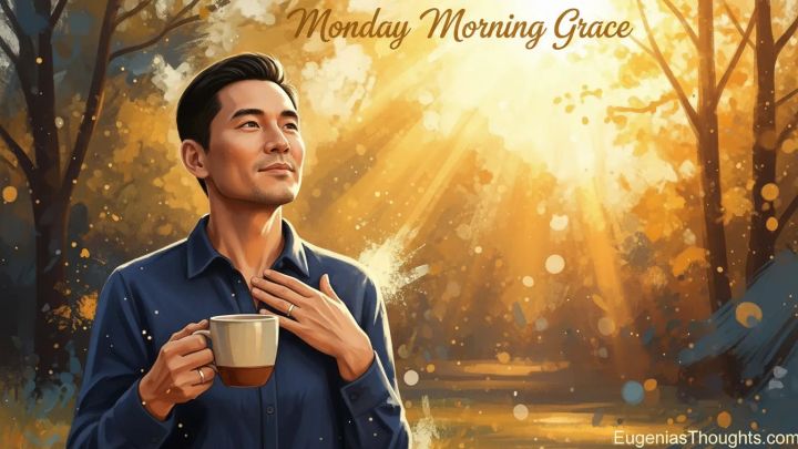 Asian man in golden morning light holding a coffee mug with hand over his chest beneath “Monday Morning Grace,” representing a peaceful, thoughtful start to the week.