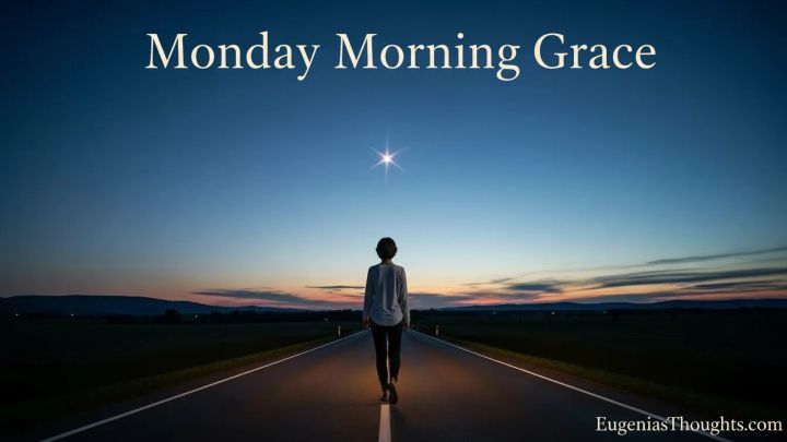 Person walks alone down a long road at dusk with “Monday Morning Grace” text and a bright star overhead, symbolizing God’s steady guidance and grace at the start of a new week.