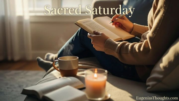 Woman sits on a cozy couch journaling with a mug, candle, and open book nearby under warm light, with “Sacred Saturday” text, symbolizing rest, reflection, and time with God.