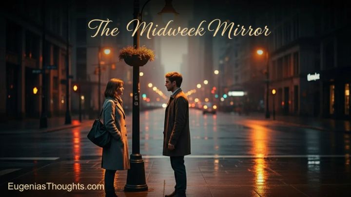 Man and woman stand facing each other under a streetlamp on a wet city street at night with “The Midweek Mirror” text, symbolizing reflection beneath a polished surface.