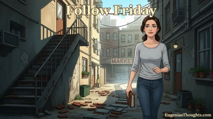 Young woman walking through an alley with loose bricks, holding a Bible as she heads toward a market, representing Follow Friday and taking everyday baby steps with Jesus.