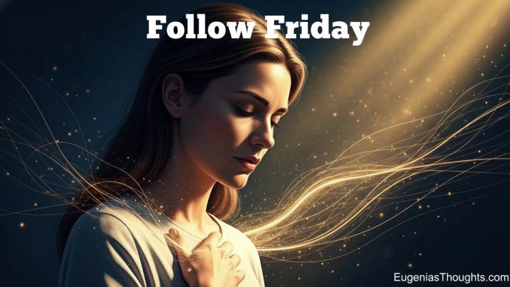 Person holding a hand over their heart under warm golden light with Follow Friday and EugeniasThoughts.com text, symbolizing calling your energy back and entrusting your heart to God.